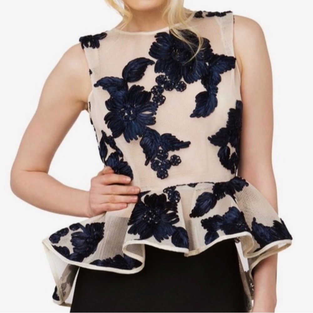 Gracia Floral Lace Mesh Peplum Top,Navy & Cream, Size Small